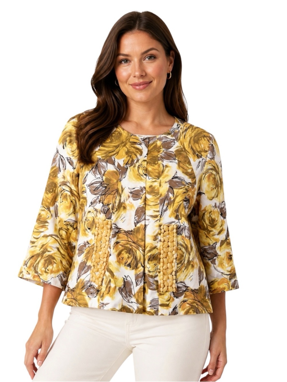 Karen Kane Yellow Floral Beaded Pocket Peplum Jacket Blazer Pockets Sz L